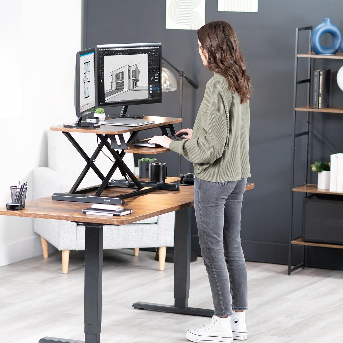 VIVO Height Adjustable Desk Converter - 36 Inch Sit to Stand Riser for Dual Monitors | Rustic Brown Top, Black Frame