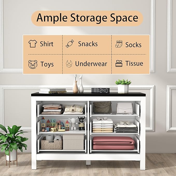 White Dresser for Bedroom Modern: 47" Fluted 6 Drawer Dresser for Closet, Wide Wooden Bedroom Chest of Drawers, Deep Wood Dressers & Chests of Drawers(White)