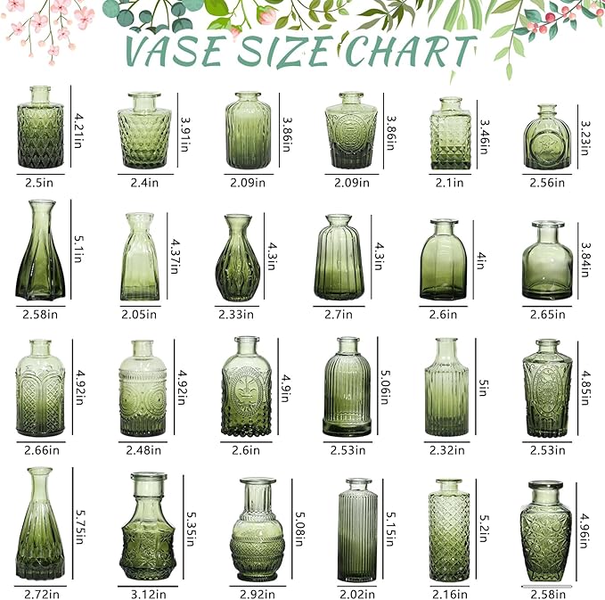 Bud Vase Set of 24, Green Bud Vases in Bulk, Small Flower Vases for Centerpieces, Mini Vintage Vase for Rustic Wedding, Home,Table Decoration