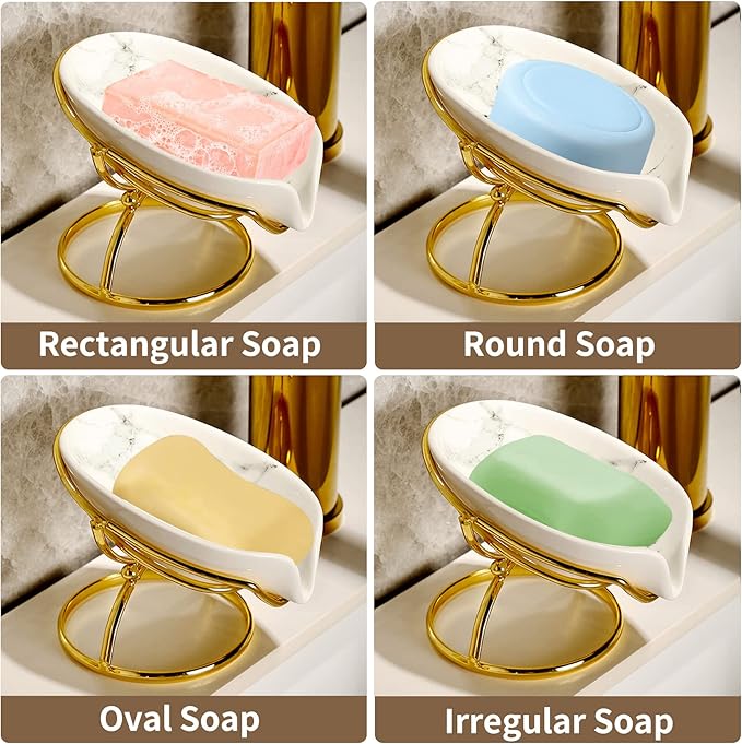 Dobbyby Leaf-Shaped Soap Dish – Ceramic Soap Bar Holder with Self-Drainage System – Bar Soap Holder for Shower, Bathroom Sink, Kitchen – Soap Dish with Stainless Steel Stand (White-Gold-2 Pack)