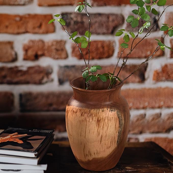 Acacia Wood Vase 7.5" x 7.5" x 11.8" H Handcrafted Natural Brown Wooden Vase Rustic Flower Holder for Entry Table Vintage Artworks Planter for Living Room Home Christmas Décor