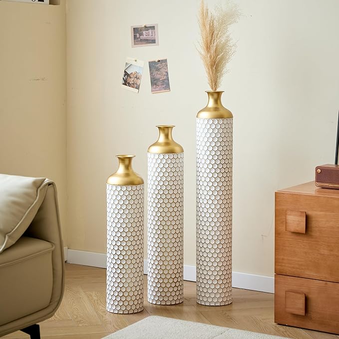 Metal Floor Vases Decorative, Set of 3 Flower Arrangement Stand, Tall White＆Gold Metal Floor Vases for Living Room, Bedroom & Entryway, 33.4", 28.74", 24.4" H (Gold＆White2)