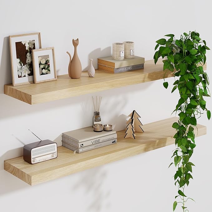 Solid Wood Floating Shelves For Wall, 36”W x 9”D x 1.56”H Large Wall Shelves for Living Room Bedroom Bathroom Kitchen Drcor Storage with Invisible Heavy-Duty Metal Bracket, Natural, Set of 2