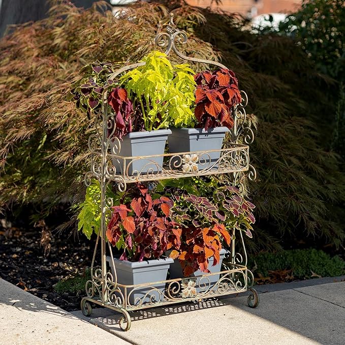 Zaer Ltd. Two Tier Rectangular Ornate Metal Plant Stand (Frosted Green)