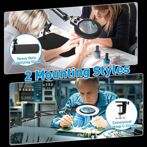 KIRKAS 12X Magnifying Glass with Light - 2-in-1 Desk Lamp with Stepless Brightness & Clamp