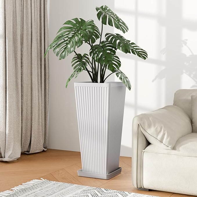 Square Tall Planters for Outdoor Plants Set of 2-23.6" Modern Tapered Indoor Flower Pots with Drainage Holes/Partition/Tray, Large Outdoor Planters for Porch Patio Garden Front Porch, White