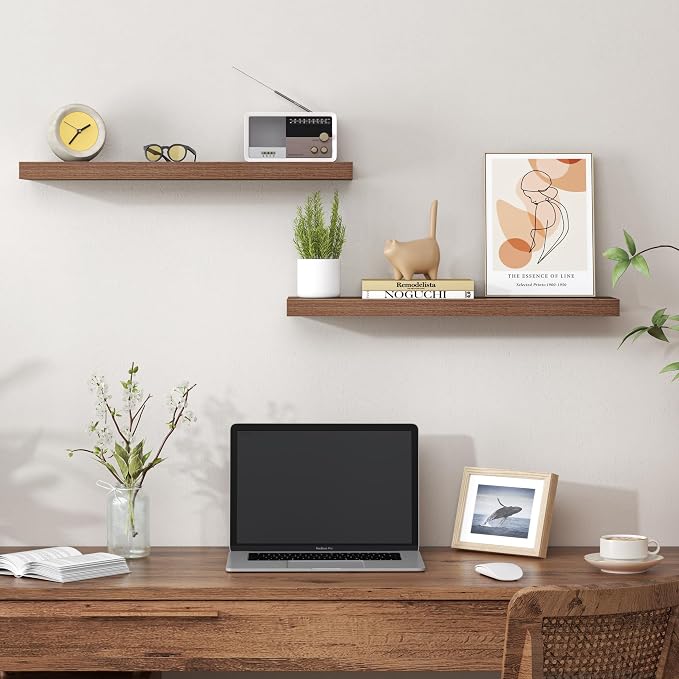 Heimlove 24 Inch Floating Shelves for Wall,Mounted Storage Wood Shelves with Invisible Brackets Hanging Shelf for Bedroom,Living Room,Kitchen,Office,Set of 2,Walnut Color