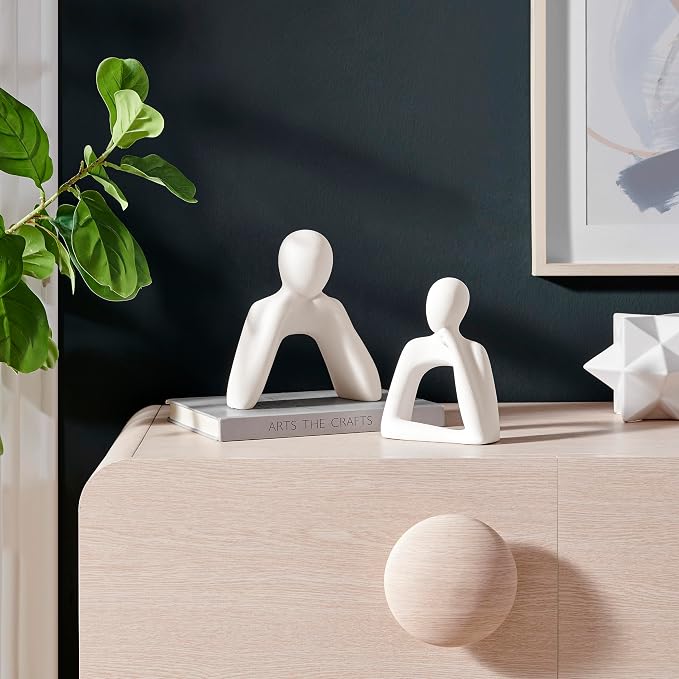 Danya B. Hans Tanka Cream Abstract Two Piece Thinking Couple Decorative Accent Matte Ceramic Sculpture Figure Set