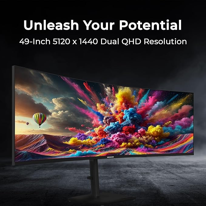 Deco Gear 49″ Curved Ultrawide Dual-QHD Monitor | 5120×1440 32:9 HDR400 | 120Hz VA Panel | USB-C 65W PD, FreeSync, PBP/PIP, KVM Switch | Built-in Speakers & Ergonomic Stand