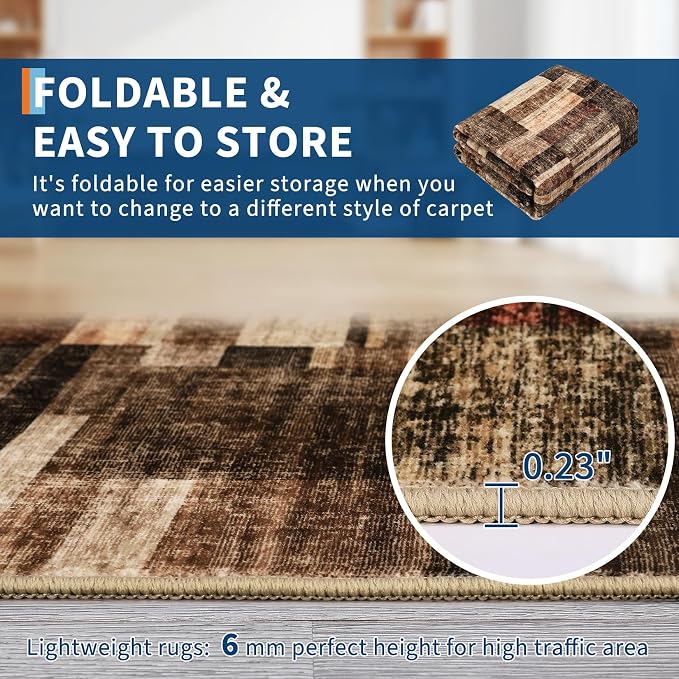 Modern Area Rugs 5x7 Washable Rugs for Bedroom Geometric Throw Rugs with Non-Slip Backing, Non-Shedding Contemporary Accent Carpet, Low Pile Floor Cover for Bedroom, Office, Brown