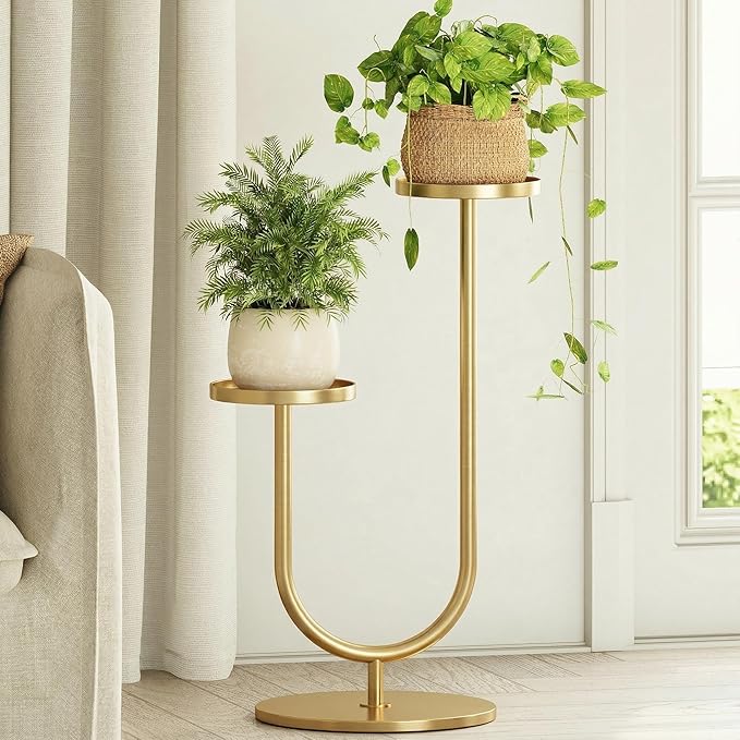 Bamworld Indoor Corner Plant Stands 2 Tier Plant Shelf for Tall Plant Holder Black Plant Shelves for Living Room Bedroom Midcentury Modern Home Decor(Gold)
