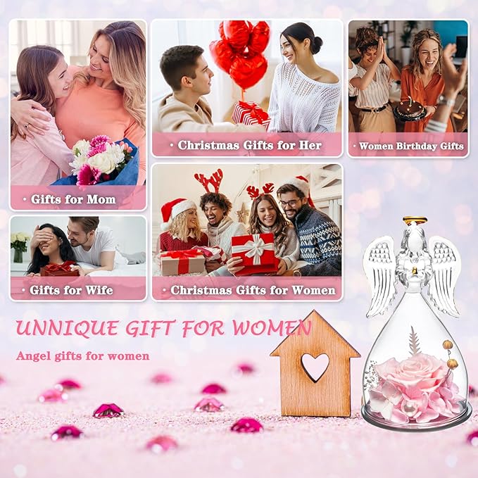 ANWEAO Christmas Flowers Gifts for Women,Mom, Preserved Real Rose with Angel Necklace,Romantic Gift for Her,Mom Birthday Gifts,Eternal Flowers Angel Gifts for Women Grandma Wife Girlfriend