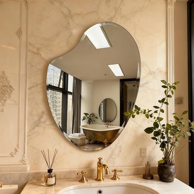 Frameless Asymmetrical Heart Shaped Wall Mirror, 20x28 Inch Beveled Edge Decorative Vanity Mirror for Bathroom, Bedroom, Entryway