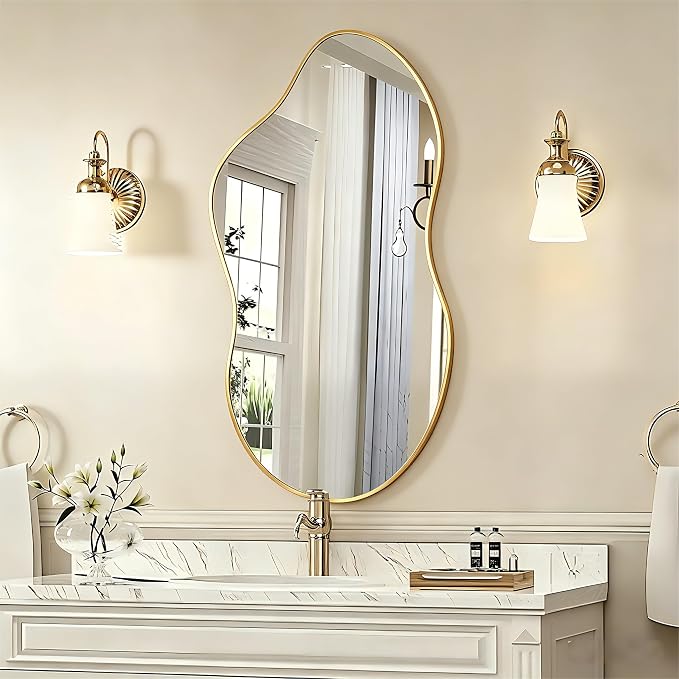 Irregular Wall Mirror 20×36 Inch Wall Mirrors Decorative Gold Modern Asymmetrical Abstract Mirror for Bathroom Bedroom Living Room Entryway Hallway