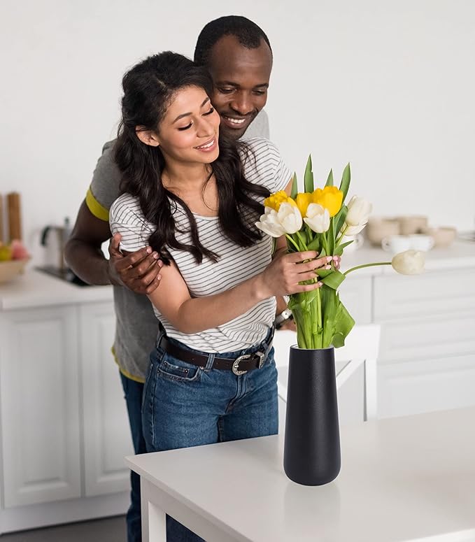 D'vine Dev 11 Inch Ceramic Flower Vase Textured Finishing, Minimalist Design for Kitchen, Bedroom, Living Room, Centerpieces, Office, Raven Grain, VS-XH-B-2