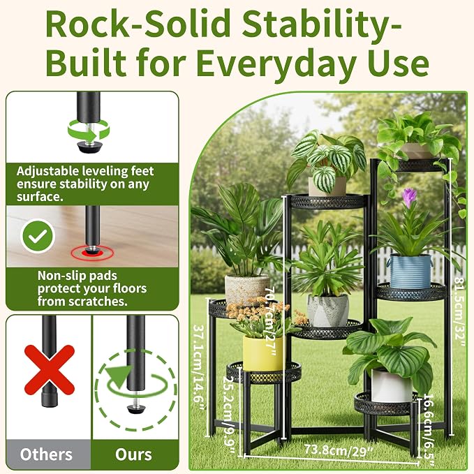 7 Tier Large Metal Plant Stand Indoor Outdoor with 7.9 Inch Wide Tray, Tiered Corner Plant Stand, Flower Display Holder Shelf, Folding Tall Rack for Patio Porch Balcony Living Room Garden - BlackWave