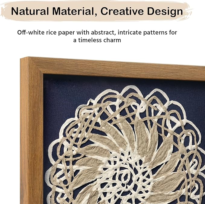 FOLKOR Framed Boho Wall Art for Living Room, 12" Natural Rice Paper Mandala Art Decor with Shadow Box, Bohemian Wall Hanging Panel for Bedroom Kitchen Shaby Chic Home Office Decoration