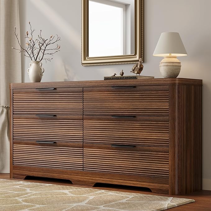 FUSUNBAO Fluted 6 Drawer Dresser, Modern Wood Dresser for Bedroom,TV Stand,Thickened Curved Profile Design,Bedroom,Entryway,Wood Drawer Organizer (Dark Walnut)