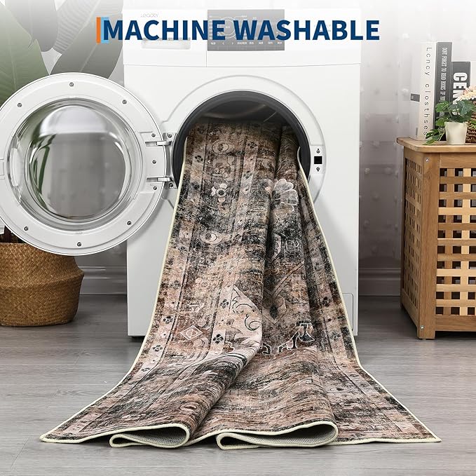 Washable Boho Vintage 8x10 Area Rug Non Slip Boho Medal Living Room Rugs Non Shedding Farmhouse Distressed Carpet Mat Foldable Thin Retro Large Rug for Office Nursery Playroom Brown