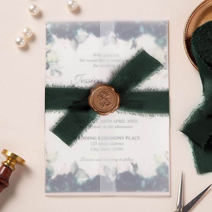 DORIS HOME Dark Green Chiffon Ribbon for Flower Bouquet, 1" x21Yd Fabric Ribbon for Gift Wrapping, Handmade Frayed Ribbon for Wedding Invitations/Christmas Decorations