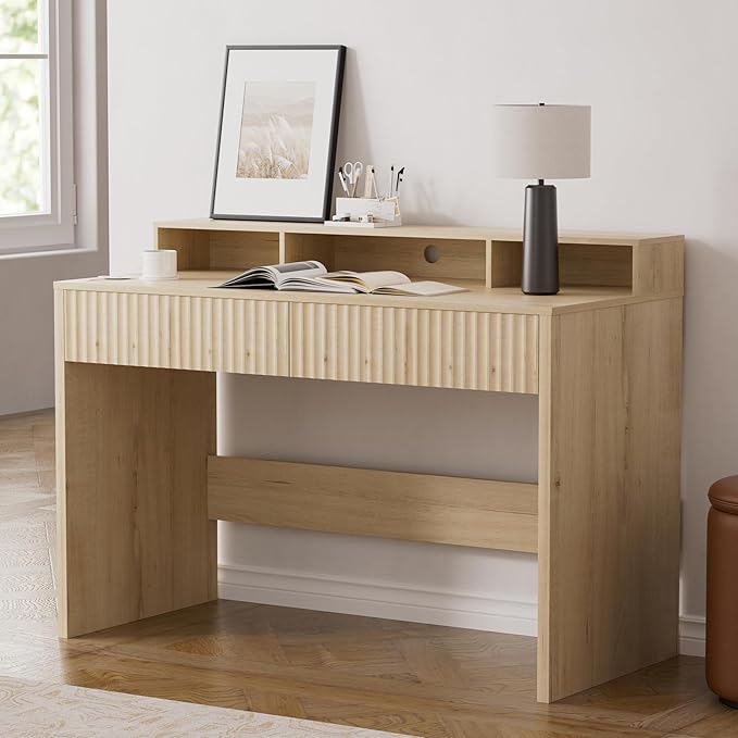 47" Executive Desk with Fluted Drawer, Modern Home Office Desk with Long Monitor Stand and 2 Drawers, Computer Writing Desk for Study Office Vanity, Light Oak