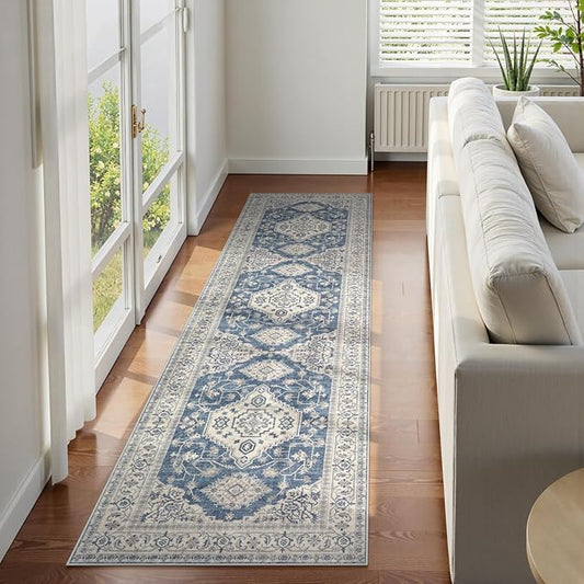 Lahome Oriental Washable Runner Rug Non Slip, 2x7 Rug Runners for Hallways Kitchen, Ultra-Thin Hallway Rugs for Laundry Room Bathroom Bedroom, Blue