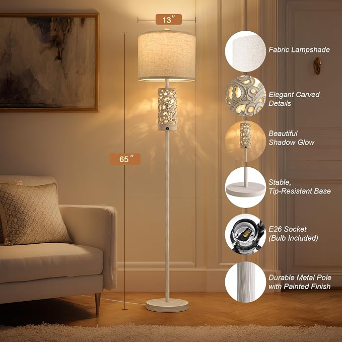 OYEARS 65“ Farmhouse Floor Lamp for Living Room, Rustic Floor Lamp with Main&Night Light,Linen Shade&Dual Switches, Standing Lamp for Bedroom Office Corner Dining Room, Wood Pole Lamp