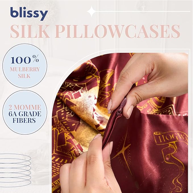 Blissy Silk Pillowcase - 100% Pure Mulberry Silk - 22 Momme 6A High-Grade Fibers - Silk Pillow Cover for Hair & Skin - Regular, Queen & King (Harry Potter - Marauder's Map, Queen)