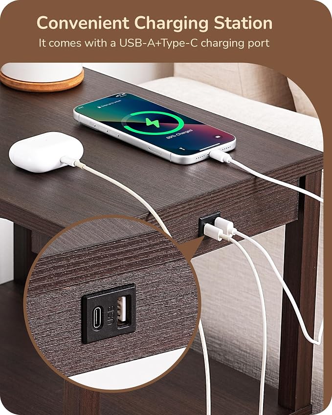 EDISHINE Floor Lamps for Living Room, Dimmable Bedside Floor Lamp with Table and 2 Shelves, USB-A+Type-C Port, Farmhouse Standing Light for Bedroom, Den, Office with Bulb, Dark Walnut