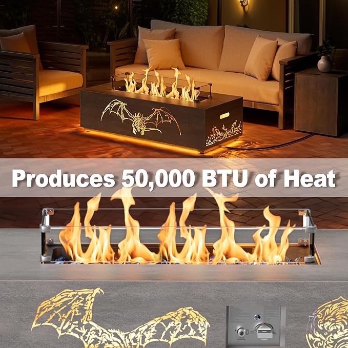 2-Piece 42" LED Rectangular Propane Fire Pit for Outside Patio with Hidden Tank Table, 50,000 BTU Fireplaces with Glass Wind Guard, Lid, Glass Rocks, Cover(Dragon w/Warm Light
