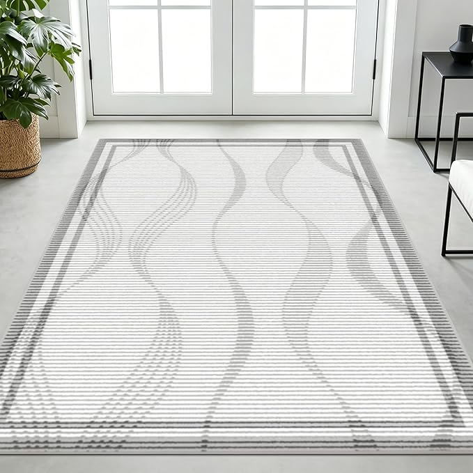 Merelax Large 4x6 Entryway Rug Indoor - Washable Non-Slip Low Pile Soft Area Rug for Entrance, Kitchen, Bedroom Bedside, Mudroom, Modern Aesthetic Abstract Geometric Decor Thin Carpet, Grey