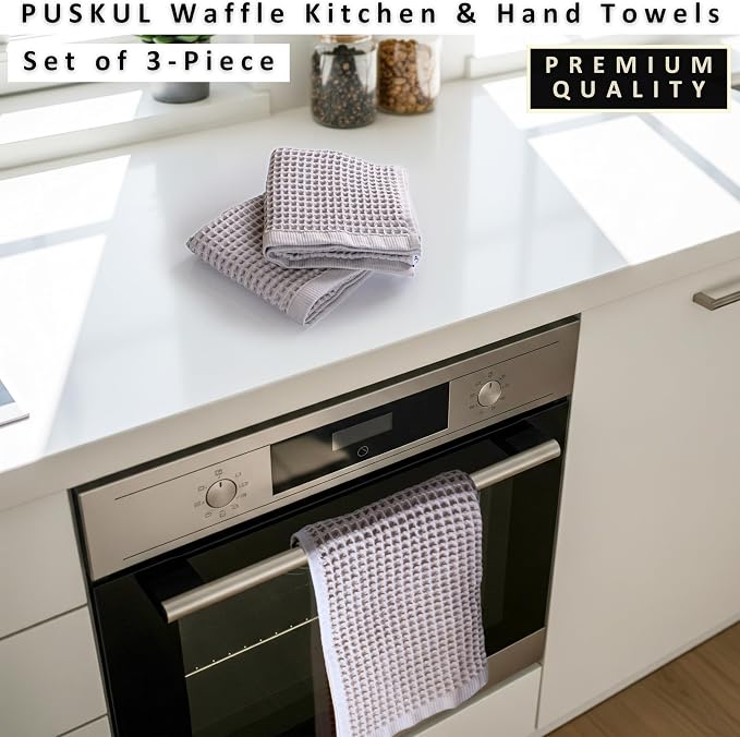 PÜSKÜL Natural 100% Turkish Cotton Waffle Kitchen Towels Set of 3 | Oeko-Tex, Premium Waffle Hand Towels for Bathroom | Soft Absorbent Quick-Dry Lint-Free Dish Towel Large 32x16 inch (3, Gray)