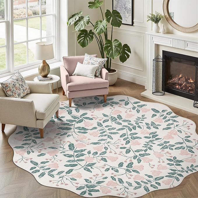 DCX Pink Botanical 5x5 Rug, Machine Washable Non Slip Stain Resistant Carpet, Kid & Pet Friendly Low Pile Floral Scalloped Rug for Living Room, Bedroom, Home Office