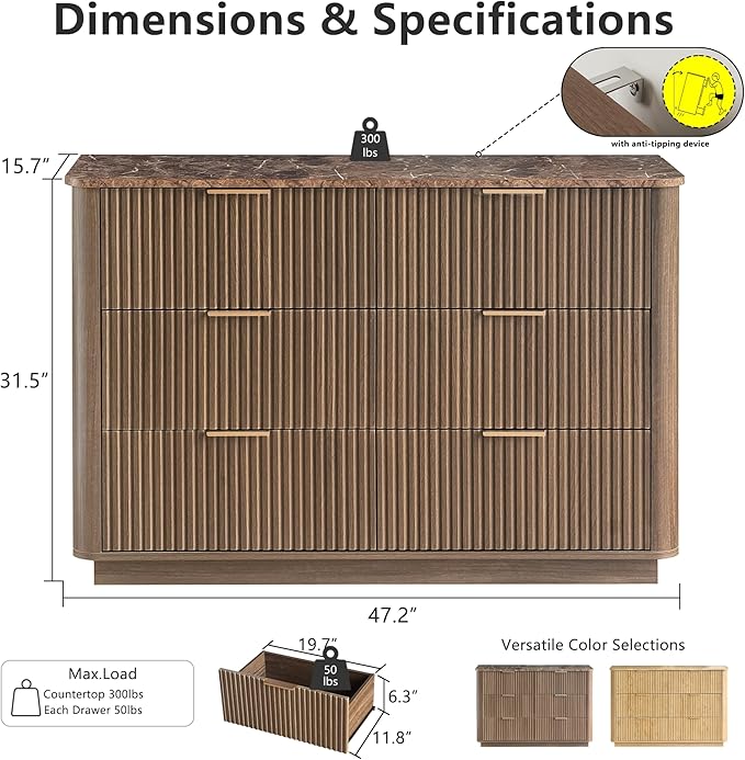 win2win 6 Drawer Dresser, Mid Century Modern Dresser with Storage, 47" Wide Fluted Chest of Drawers with Faux Marble Top, Dressers TV Stand, Drawers Organizer for Bedroom, Living Room, Hallway, Walnut