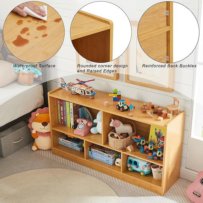 Kids Toy Storage Organizer, 5-Section Storage Cabinet for Organizing Books Toys, Wooden Bookshelf Daycare Furniture for School, Classroom Playroom, Nursery, Kindergarten (Natural)