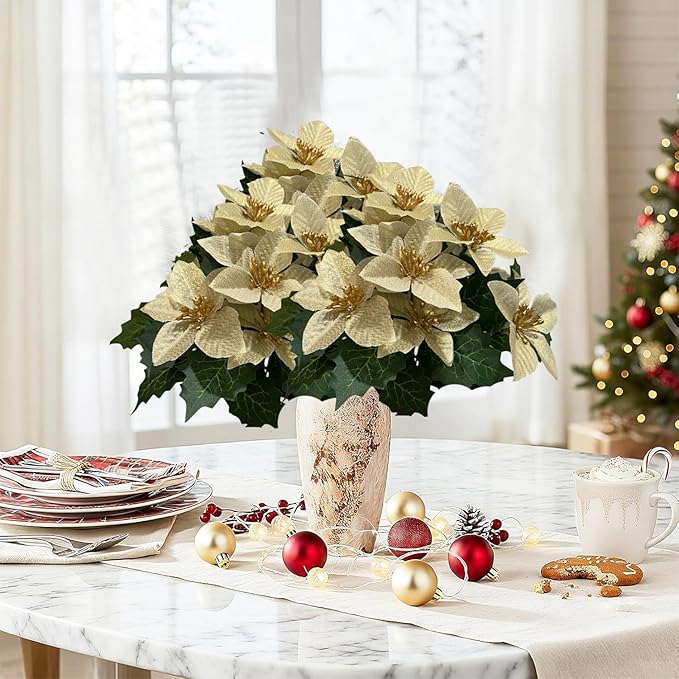 8 Pack 5 Heads Christmas Artificial Poinsettia Flowers Faux Poinsettia Bush Bouquets Silk Poinsettia Christmas Tree Ornaments Poinsettia Flower Arrangement for Home Decor