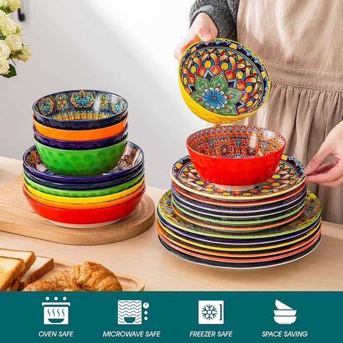vancasso 24 Pieces Plates and Bowls Set, Bohemian Style Dinnerware Sets Service for 6, Porcelain Boho Dishes Set for Kitchen, Housewaring Gift, Dishwasher and Microwave Safe, Series KRVI