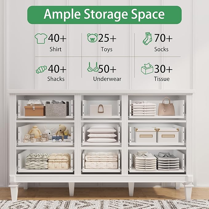 BLANKSPACE 9 Drawer Dresser for Bedroom, 35.7" Tall Dresser & Chest of Drawers wtih Vintage Surface, Closet Storage Cabinet for Living Room, Hallway, White