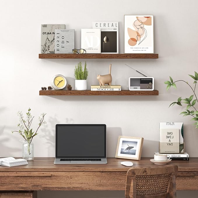 Heimlove Floating Shelves for Wall 32 Inch,Mounted Storage Wood Shelves with Invisible Brackets Hanging Shelf for Bedroom Living Room Kitchen Office,Set of 2,Rustic Brown