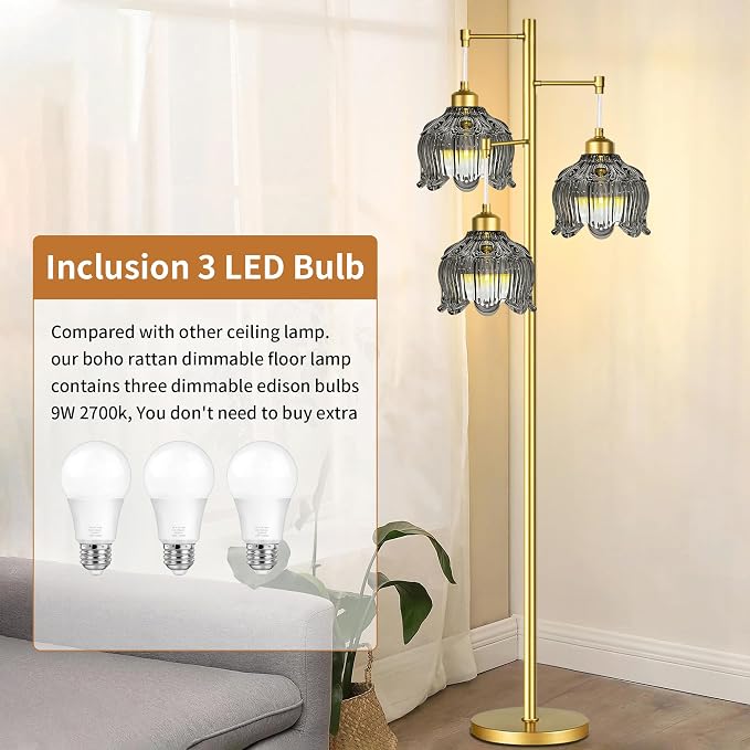 ILLMTW Glass Floor Lamp for Living Room,Bedroom,Gold Mid Century Modern Standing Lamp Brass Tree 3 Light Tall Floor Lamps Vintage Retro Floor Lights Grey Flower Lamp Shade Farmhouse Boho Bohemian