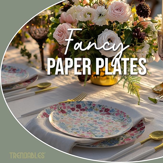 Trendables Floral Paper Plates 8.5 Inch & 10.5 Inch 40 Pcs Dinner Plate Set Fancy Disposable Plates for Party for 20 Guests 20 X 8 & 20 X 10 Large & Small Paper Plate Set for Parties Meadow