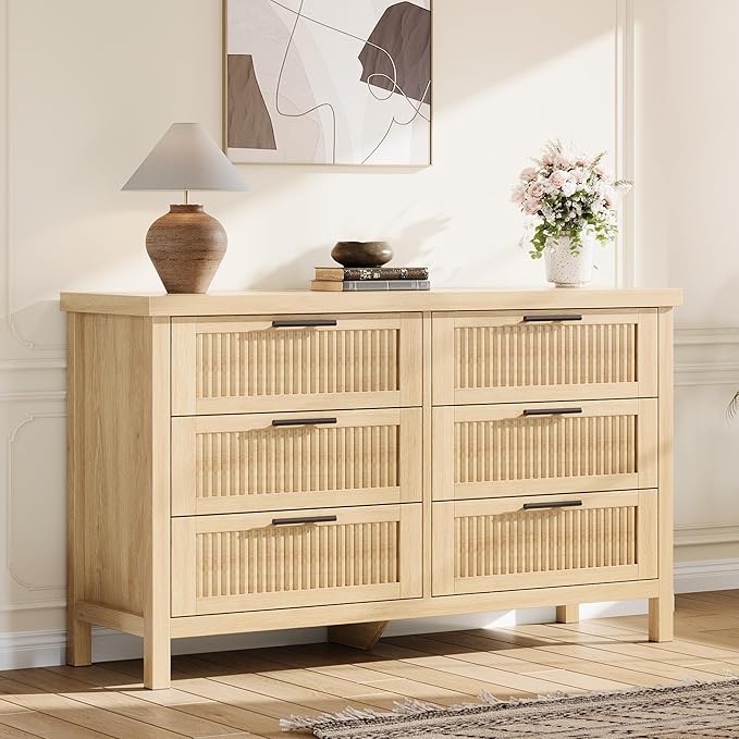 GarveeHome Fluted 6 Drawer Dresser for Bedroom, 47.4 in Wide Mid Century Modern Chest of Drawers, Wooden Fluted Dresser Chest with Clothes Storage Cabinet, Drawer Organizer for Living Room, Natural