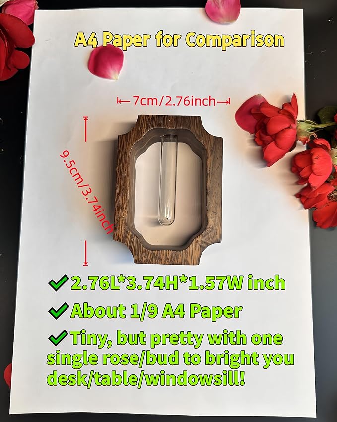 Solid Wood Frame Glass Tube Vase for Home Office Desktop Decor for Presents, Single Rose/Bud Vase, Wooden Centerpiece Vase Table for Restaurant Cafes Hotel(Small, Classic, 1 Pack)