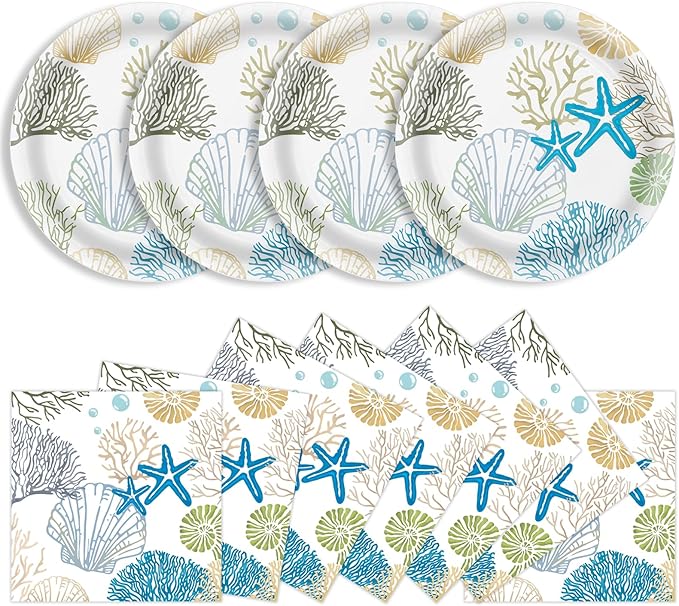 40 Pcs Ocean Seashell Plates and Napkins Party Supplies, Coastal Beach Paper Plates Napkins Starfish Coral Disposable Tableware Set for Summer Birthday Baby Shower Beach Party Decorations (Ocean)