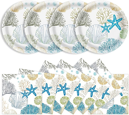 40 Pcs Ocean Seashell Plates and Napkins Party Supplies, Coastal Beach Paper Plates Napkins Starfish Coral Disposable Tableware Set for Summer Birthday Baby Shower Beach Party Decorations (Ocean)