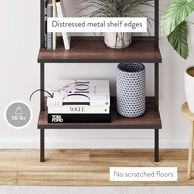 Nathan James Theo 5-Shelf Wood Modern Bookcase, Open Wall Mount Ladder Bookshelf with Industrial Metal Frame, Walnut Brown/Black, Set of 3