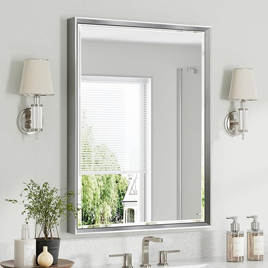 Silver Bathroom Mirror, 24x32 Inch Beveled Silver Vanity Mirror for Bathroom Wall, Silver Metal Framed Mirror Anti-Rust, Silver Rectangle Wall Mounted Mirror for Bathroom(Vertical/Horizontal)