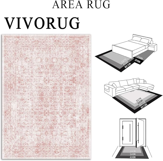 3x5 Rug, Small Area Rug for Living Room, Bedroom, Kitchen, Machine Washable Non-Slip Throw Rug, Vintage Distressed Floral Carpet for Entryway Nursery Dinner Room - Durable (Pink)