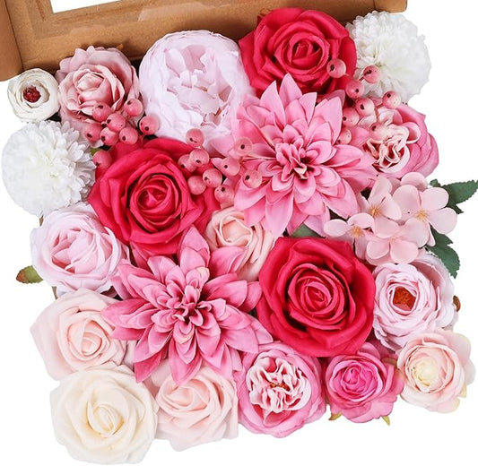 Artificial Flower Box Set – Faux Floral Bouquet for Party&Table Centerpieces, Realistic Pink Flowers Artificial for Home & Wedding Decoration,Bulk Fake Flowers with Stems