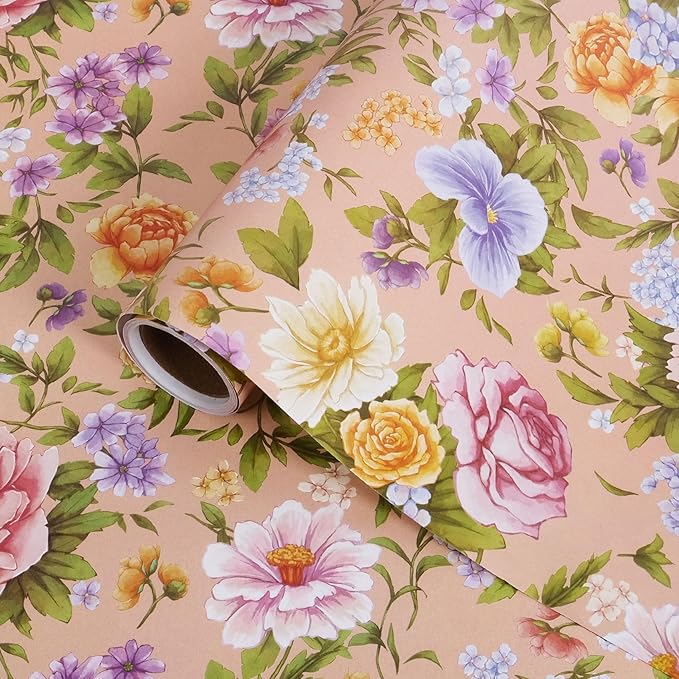 RayofSun Floral Wrapping Paper Roll Roll 17 in x 16.5 ft Mini Roll Pink Peonies Yellow Roses Blooms Gift Wrap Paper for All Occasion Wedding Birthday Bridal Shower Party Wrapping Supplies